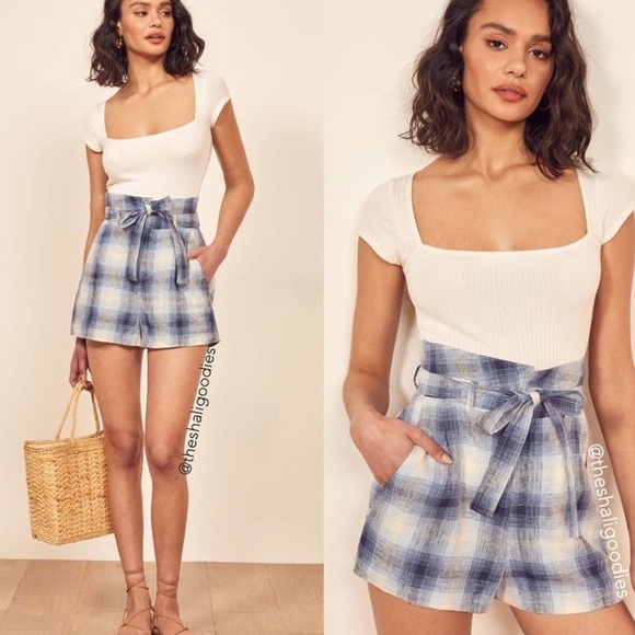 Reformation Pants - REFORMATION Rossi paper bag Shorts Blue Plaid 100% Linen not original belt